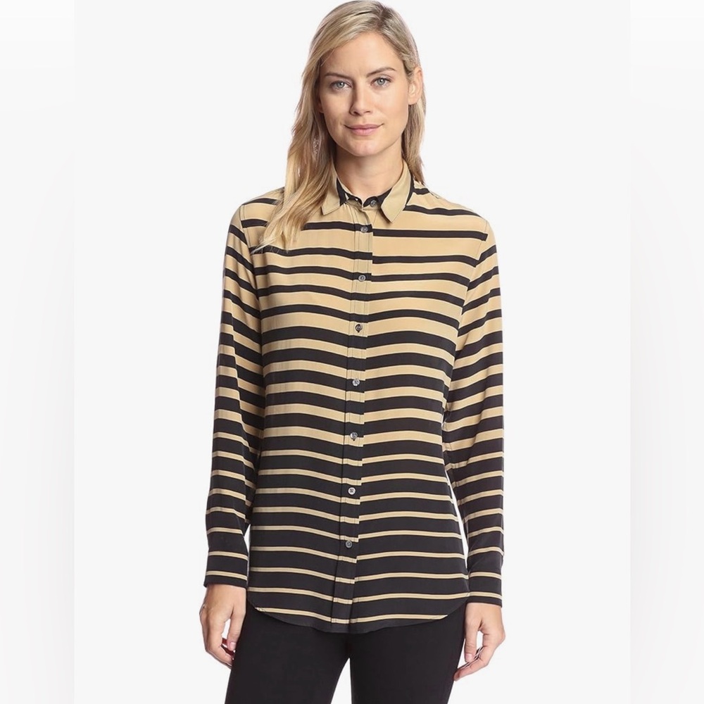 J.McLaughlin Bianca Printed Silk Blouse in a black and tan striped pattern.